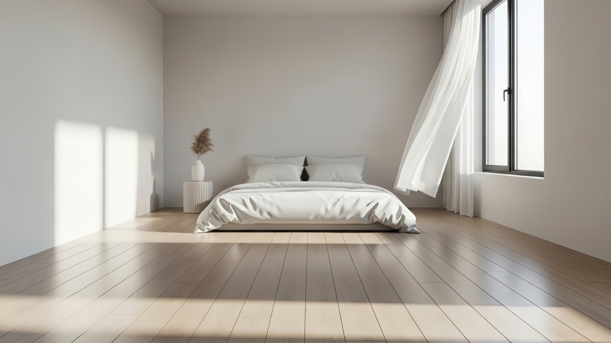 Minimalist Bedroom with Sunlight Streaming Through Window and Curtains
